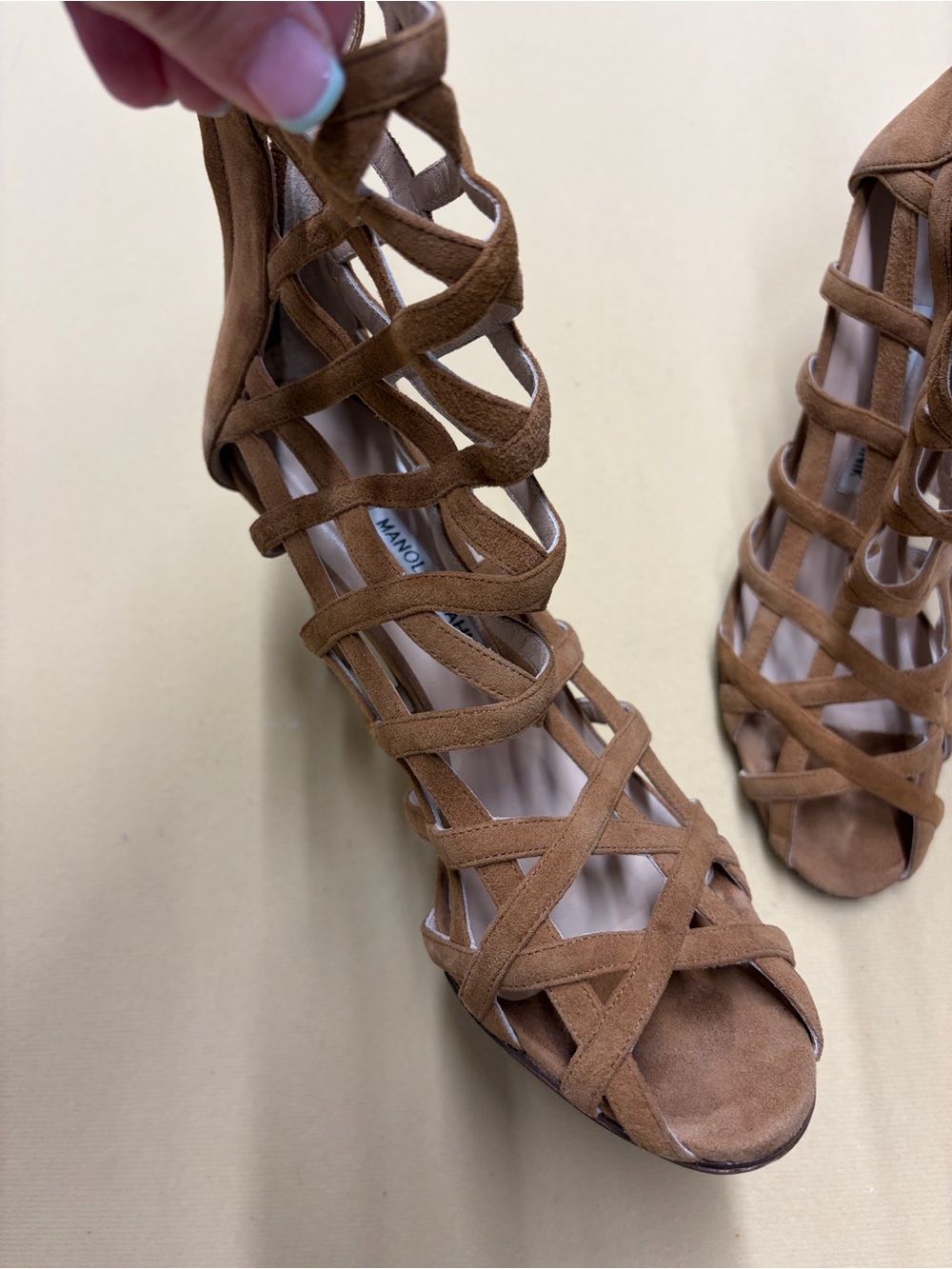Manolo Blahnik Cognac Suede Cage Gladiator Heel